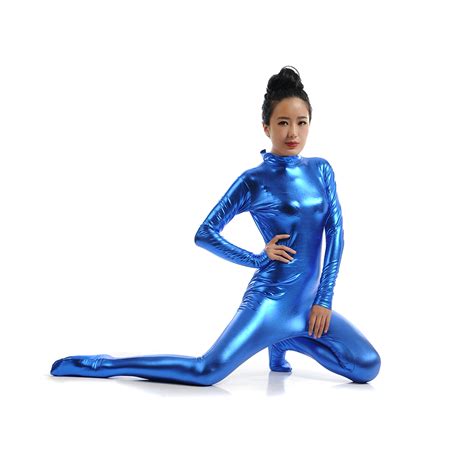 Custom Crotch Zipper Shiny Lycra Spandex Lake Blue Womens Unitard