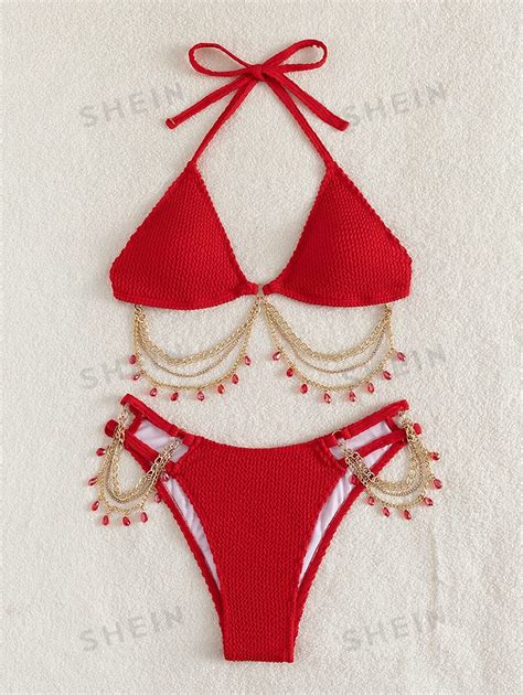 Shein Swim Summer Beach Textured Bikini Set Chain Beaded Detail Halter