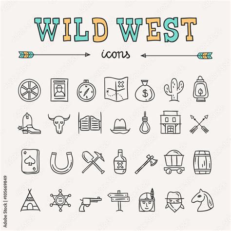 Outline wild west icons. Hand drawn wild west doodles Stock Vector ...