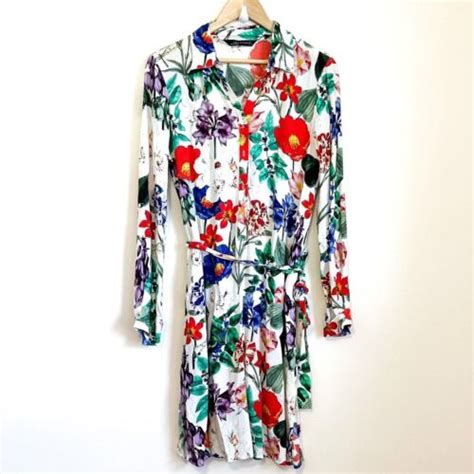 Zara Floral Shirt Dress Size S Multicolor Tropical Long Sleeve Flowers Popover Ebay