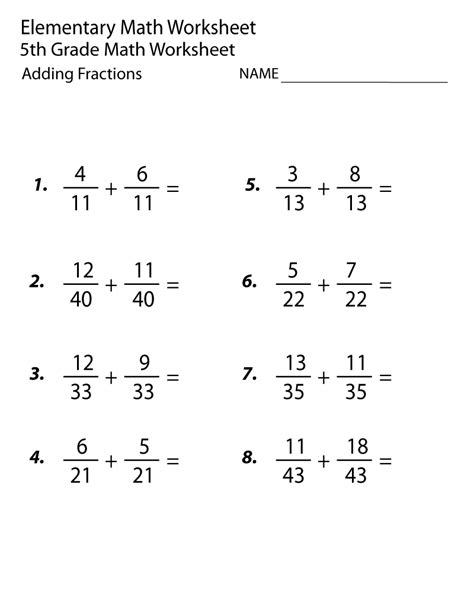 Adding Fractions Worksheets Th Grade Math