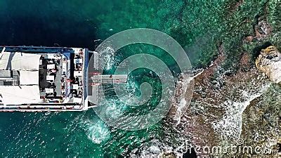 A Large Yacht Stands At Sea Aerial View 4 K Awesome Background Stock