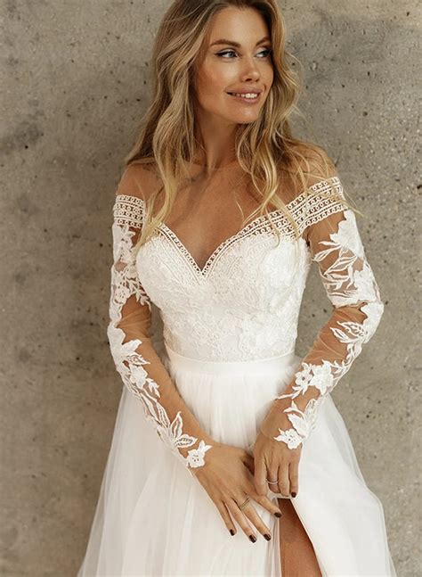 Lace Long Sleeves Wedding Dress With Split Front Missacc