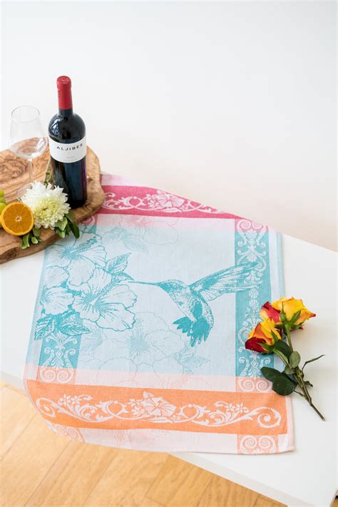 Hummingbird Jacquard Woven Kitchen Tea Towel Teal With Orange And Red