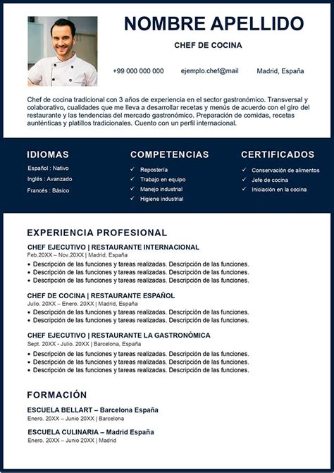 Ejemplo Curriculum De Chef De Cocina Descarga Gratis