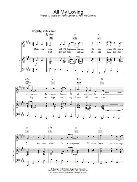 The Beatles All My Loving Sheet Music Chords For Beginning Piano