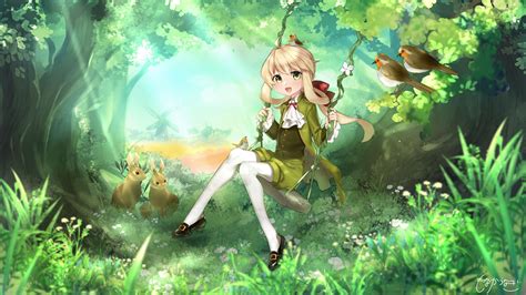 Anime Girl Swing Forest Green Eyes 4k Hd Anime Girl Wallpapers Hd