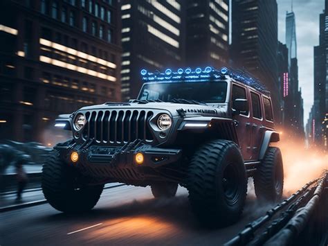 Premium Ai Image A Jeep Wrangler Is Driving On A City Street In The