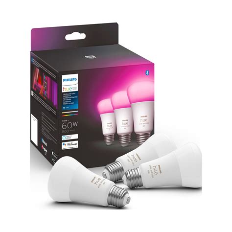 Philips Hue 3-Pack White and Color Ambiance A19 Bluetooth LED Smart Bulbs, Multicolored ...