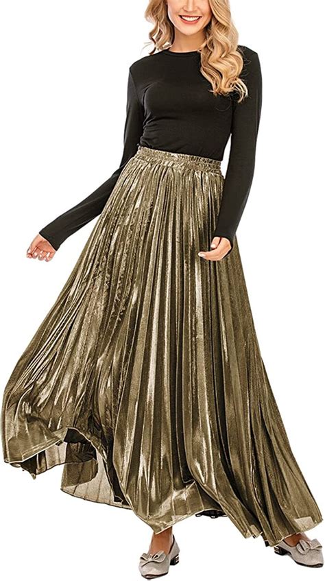 Womens Premium Metallic Shiny Shimmer Accordion Pleated Long Maxi Skirt Ebay