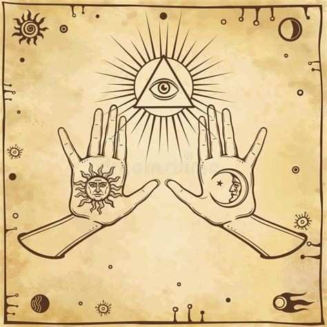 Mystical Drawing Human Hands Hold Symbols Of The Sun And The Moon Eye Of Omniscience Space