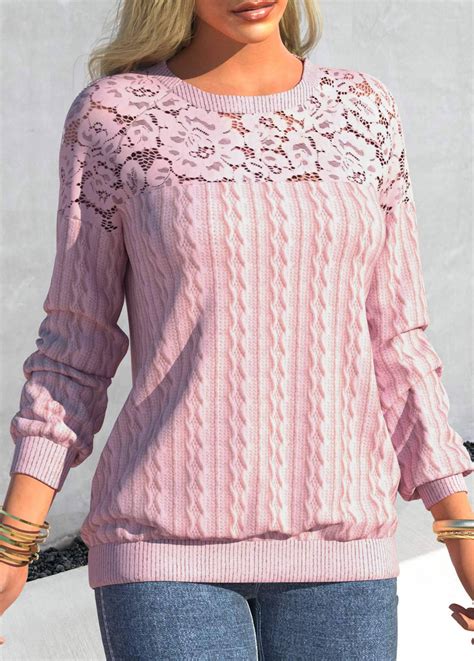 ROTITA Lace Patchwork Pink Round Neck Long Sleeve Sweatshirt Rotita