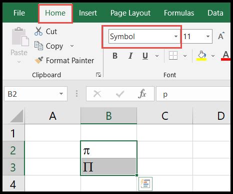 cómo insertar el símbolo pi π en excel