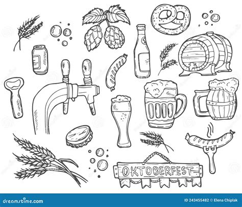 Set Of Beer And Brewery Doodles Hand Drawn Sketch Style Isolated