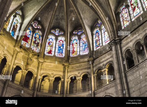 Stained glass window in Saint Jean Cathedral, old town Vieux Lyon ...