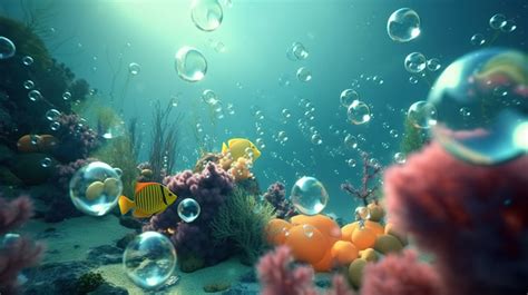 Underwater Bubble Cartoon World In 3d Rendering With Floating Air