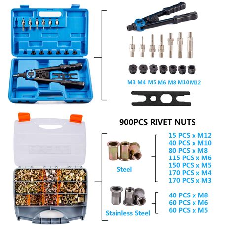 900pcs Rivet Nuts Kit And 13 Rivet Nut Gun Kit Metric Steel And Stai Reliable Store