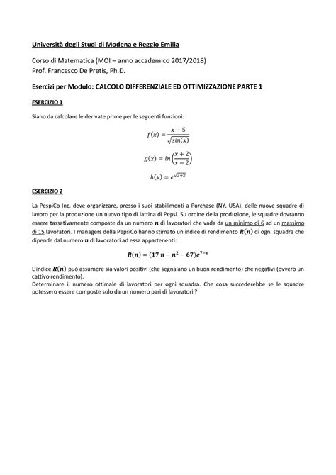 Esercizi Modulo Calcolo Differenziale Ed Ottimizzazione Parte