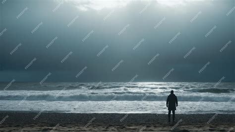 Premium Photo Person Standing On The Beach Gazing At The Ocean Horizon Under The Golden Sunlight