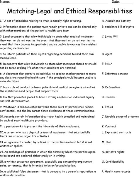 Matching Legal And Ethical Responsiblities Worksheet WordMint