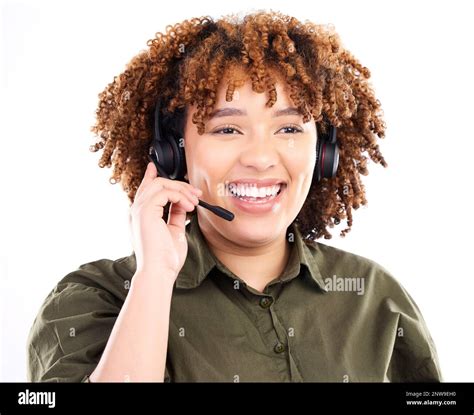 Call center, telemarketing or black woman laughing in communication isolated on white background ...