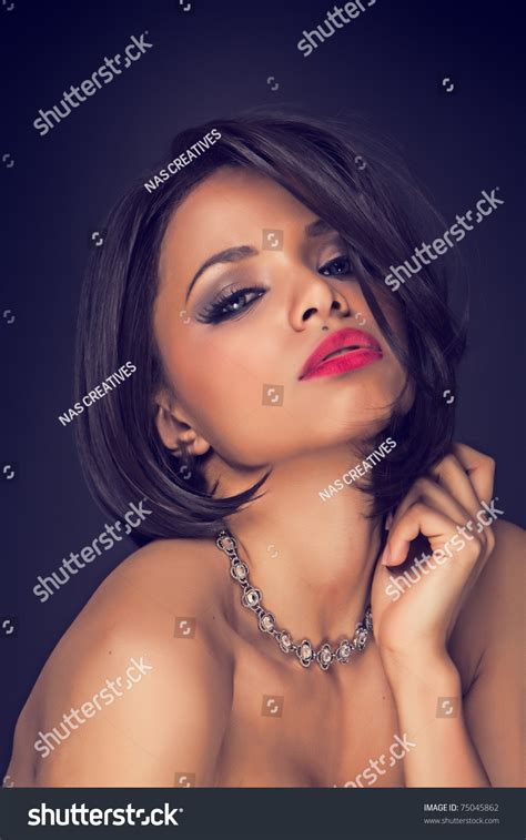 Sexy Brunette Elegant Model Portrait Wearing Neckless Stock Photo