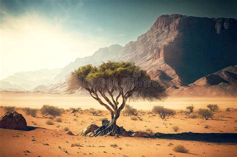 Lonely Tree In Desert In Arid Desert Against Backdrop Of Mountains