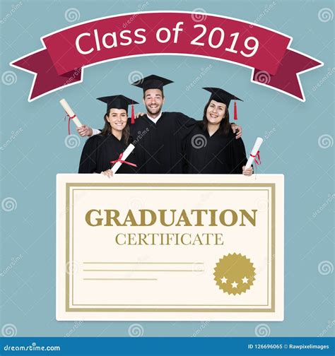 Group Of Grads With Class Of 2019 Banner Stock Image Image Of Grads