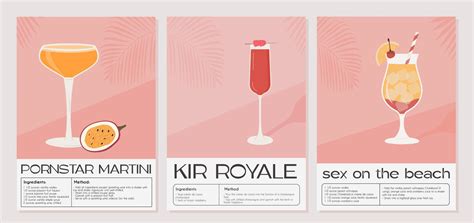 Pornstar Martini Kir Royale And Sex On The Beach Cocktail Classic Alcohol Beverage Recipe Set