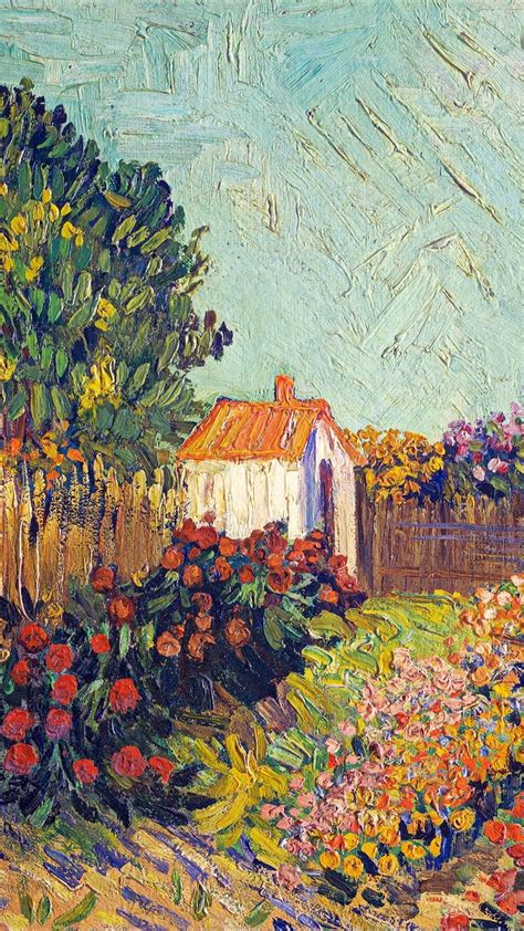 an impressionist painting of a garden with flowers in the foreground ...