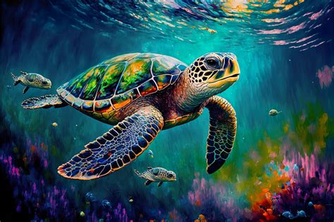 Sea Turtle Embrace. Vibrant Colorful Oil Painting Sea Life Canvas Wall ...