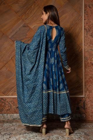 POMCHA JAIPUR Floral Hand Block Print Angarkha Set Blue Floral