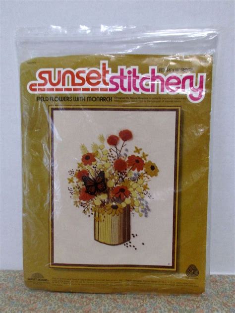 Vintage Crewel Sunset Stitchery Kit Field Flowers With Monarch By Nancy