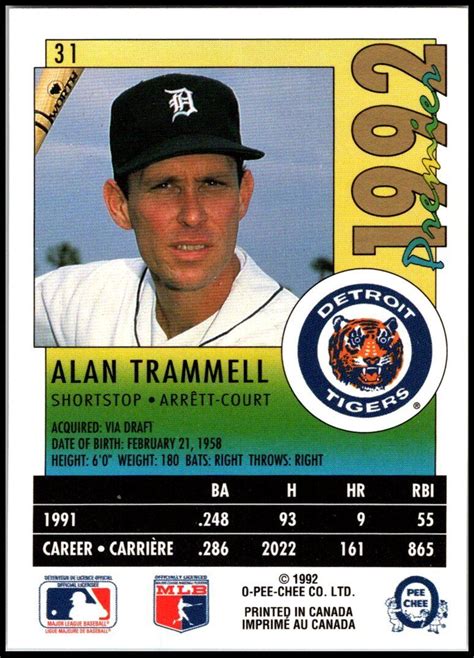 O Pee Chee Premier Alan Trammell For Sale Online Ebay