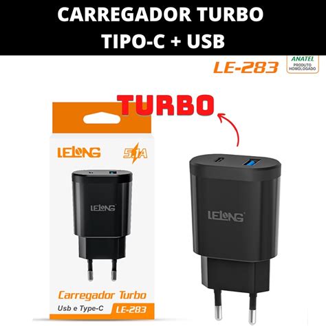 Fonte Carregador Turbo Duas Entradas Tipo C E USB 5 1A Lelong LE 283