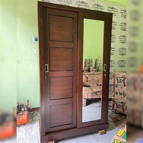 Jual Lemari Pakaian Sliding Kaca Kayu Jati Almari Pintu Geser Cermin