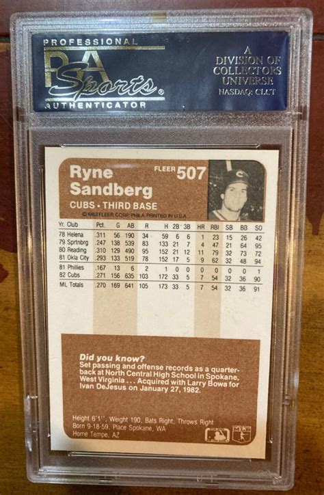 PSA 9 MINT Condition 1983 Fleer Ryne Sandberg Rookie Card 507 RC Cubs