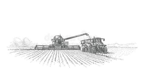 Combine Harvester And Tractor Working In Field Illustration Vector