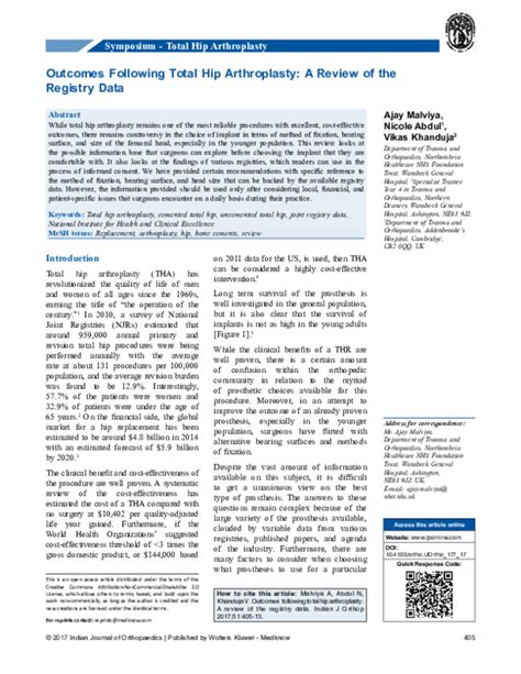 Pdf Outcomes Following Total Hip Arthroplasty A Review Of The