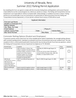 Fillable Online Parking Applications And Forms University Of Nevada