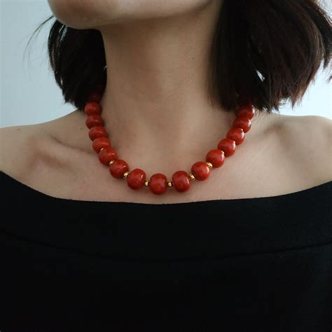 Red Coral Necklace Boho Style Big Coral Beads Minimalist Jewellery