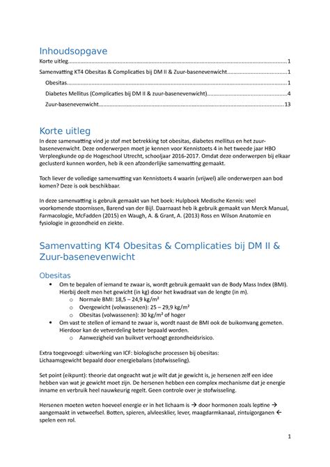 Samenvatting Kt4 Obesitas En Diabetes Mellitus Inhoudsopgave Korte