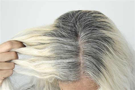 Femme Montrant La Racine Des Cheveux Avec Cheveux Gris Montrant Une