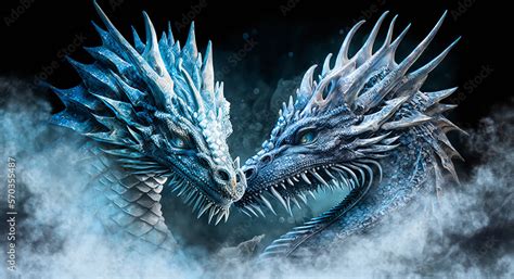 Beautiful nesting pair of blue Ice dragons, ice and fire close up head images of mythical ...