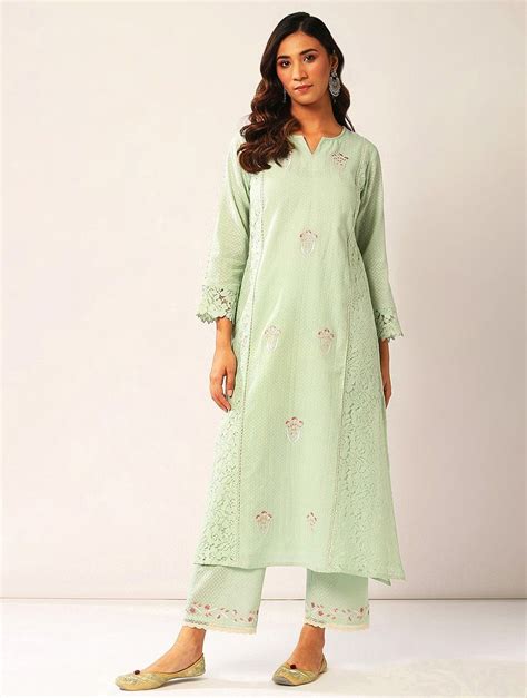 Buy Pastel Green Embroidered Cotton Dobby Kurta With Lace Detailing