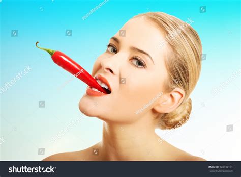 Happy Blonde Nude Woman Holding Chilli Stock Photo Shutterstock