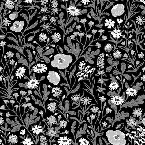 Fondo inconsútil del vector blanco y negro con una variedad de flores