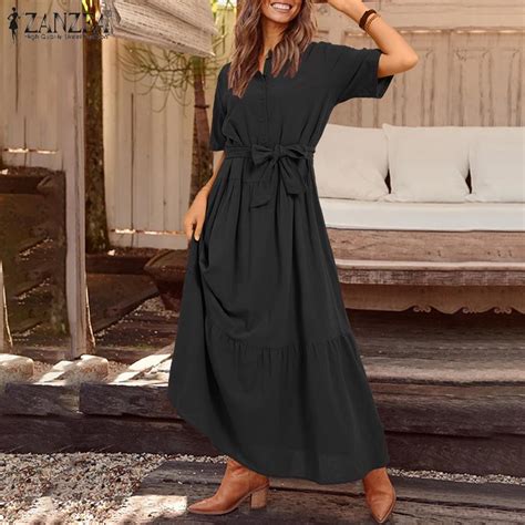 ZANZEA Damen Mode Tunika Shirt Kleid Revers Kragen Kurzarm Sommer Lange