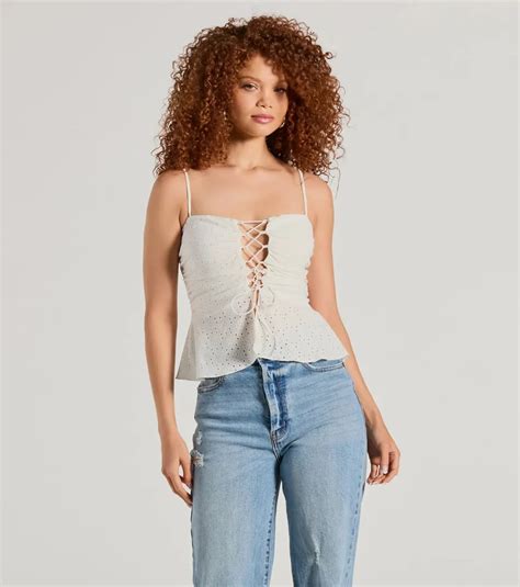 Laced Up Icon Sleeveless Peplum Eyelet Crop Top Parallel