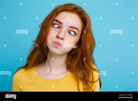 Headshot Portrait Of Happy Ginger Red Hair Girl With Funny Face Looking